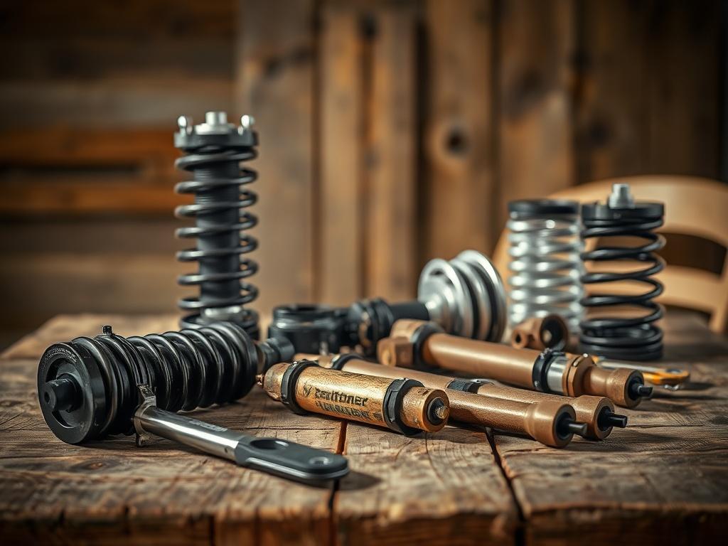 A realistic high-resolution image of durable suspension parts arranged on a rustic wooden table. The focus should be on the texture and finish of the parts, with natural lighting creating a warm ambiance. The background should be unobtrusive, highlighting the quality of craftsmanship.