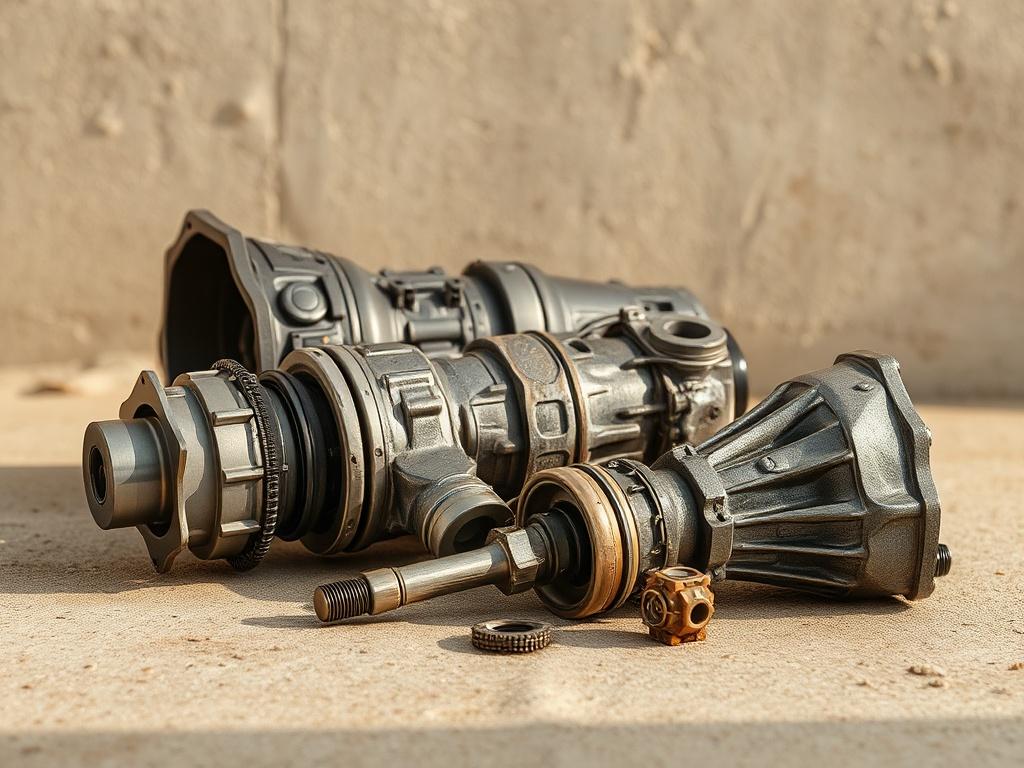 A high-resolution image of automotive transmission components showcased on a clean, textured surface. The components should be arranged to highlight their details and craftsmanship, with soft natural light illuminating their features. The background should be subtle, focusing attention on the products.