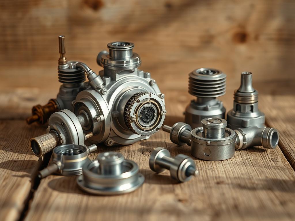 A high-resolution image of precision engine components displayed on a wooden surface, showcasing intricate details. The components should be arranged attractively with natural lighting highlighting their metallic sheen. The background should be simple and earthy, emphasizing the craftsmanship.