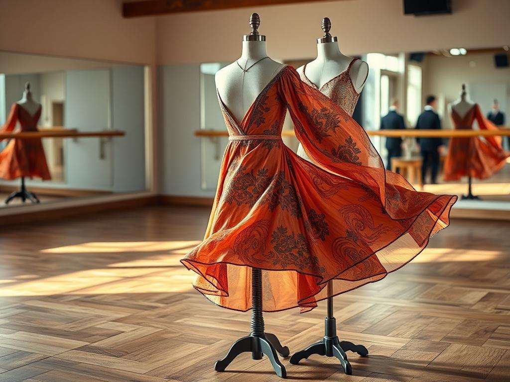 A beautiful West Coast Swing dance costume displayed on a mannequin in a softly lit dance studio. The costume features a flowing, vibrant fabric with colorful patterns, designed for elegance and comfort. The background includes wooden floors and mirrored walls, enhancing the dance studio atmosphere. The image should capture the grace and style of the costume, emphasizing its suitability for dynamic swing dancing.