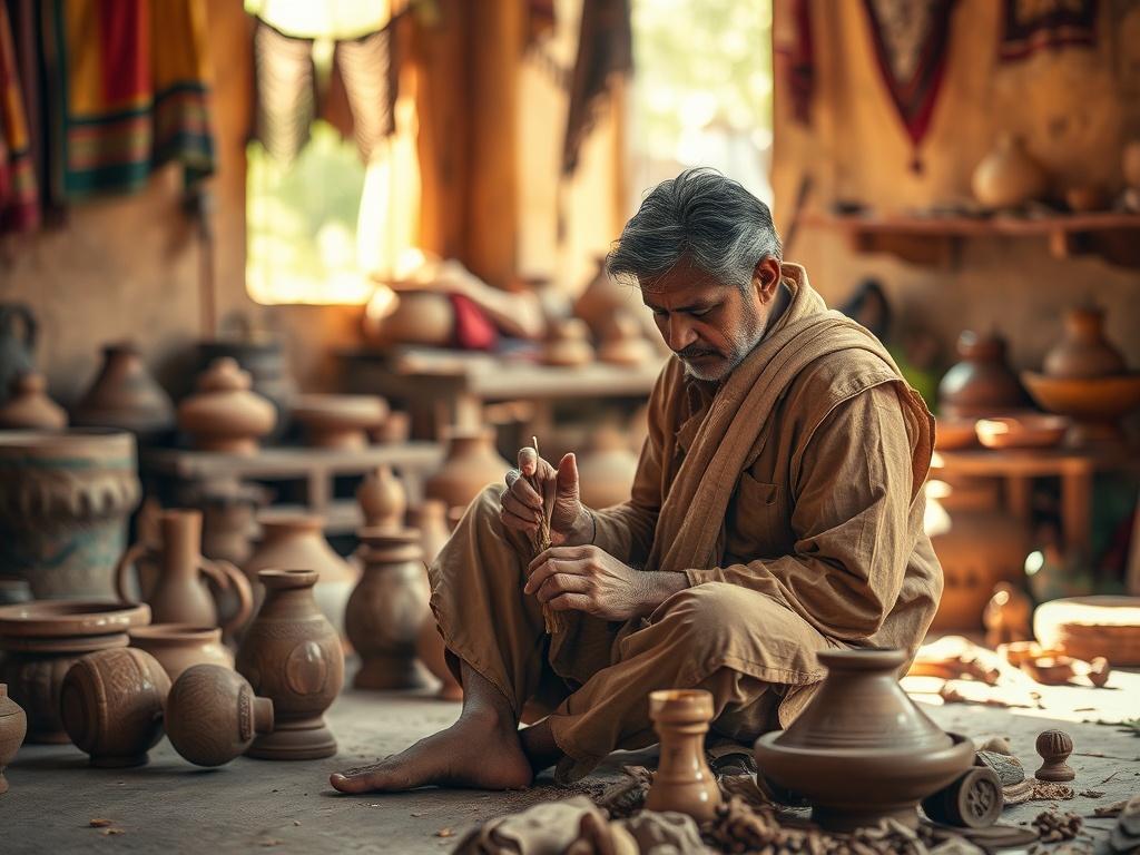 **AI Image Generation Prompt:**

Create a realistic high-resolution photograph that captures the essence of Indian handicrafts in a simple and engaging composition. The image should focus on a single subject—a skilled artisan delicately crafting a traditional Indian handicraft, such as a hand-painted pottery piece or intricate wood carving. 

The artisan, portrayed in traditional attire with earthy colors, should be seated in a sunny, warm-toned workshop that reflects a rustic aesthetic, showcasing natural 