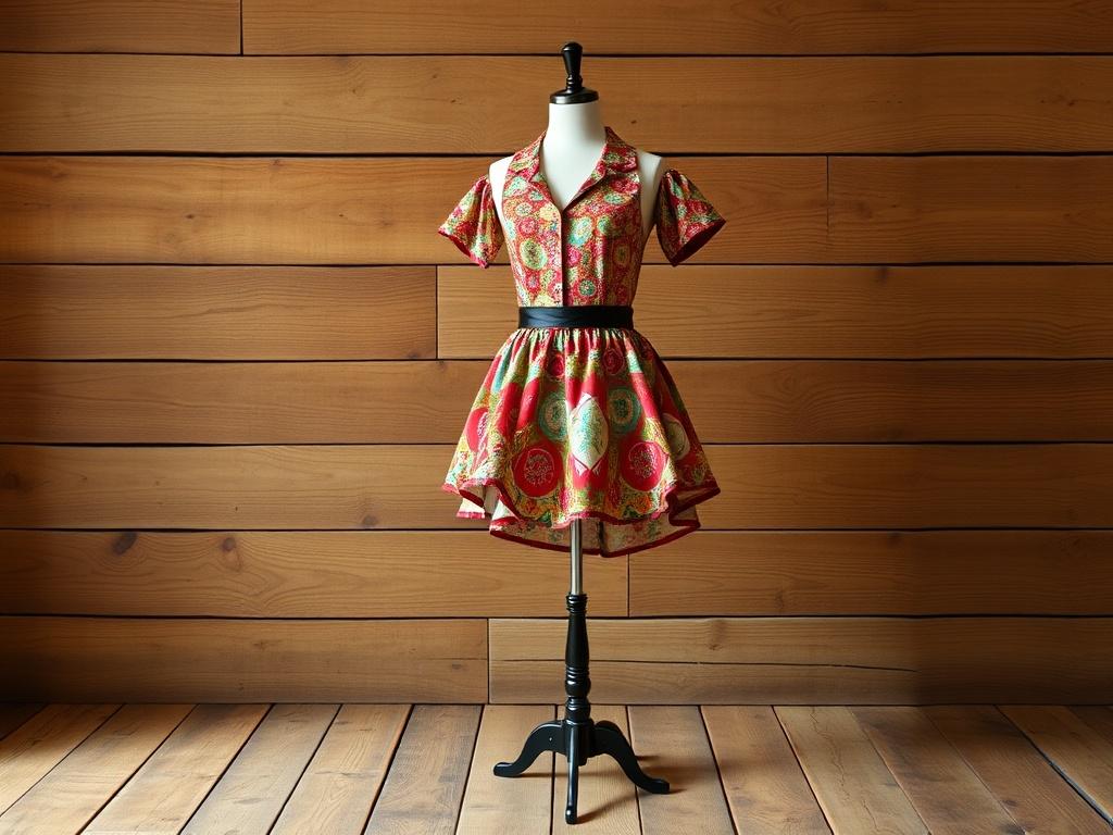 Create a realistic high-resolution photo of a vibrant East Coast Swing dance costume. The costume should feature a playful, colorful design with lively patterns, suitable for energetic swing dancing. The image should depict the costume on a simple mannequin, with a rustic wooden floor as the background to enhance the earthy textures. Soft, natural lighting should illuminate the costume, highlighting the details and colors, while keeping the composition clear and focused on the outfit.