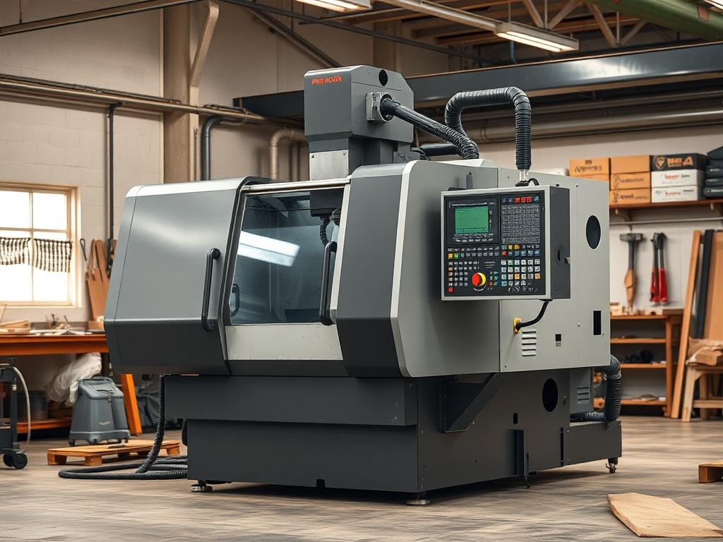 A high-resolution image of a precision CNC machine in a well-lit industrial setting, showcasing its intricate controls and sturdy build. The background features a clean workshop environment with tools and materials neatly organized, highlighting the machine's advanced features and usability.
