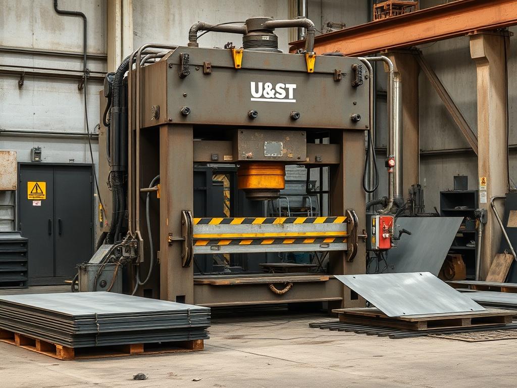 A detailed high-resolution image of a hydraulic press machine in action, surrounded by metal sheets being formed. The setting is a modern industrial workshop with appropriate safety measures in place, emphasizing the machine's strength and operational efficiency.