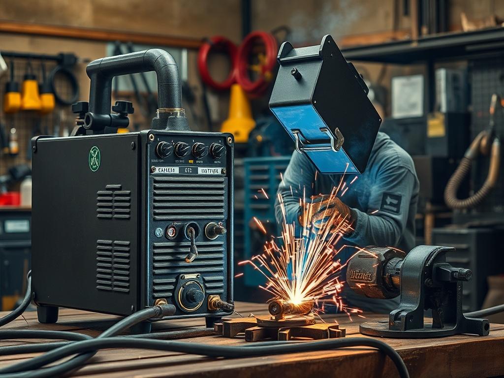 A striking high-resolution image of industrial welding equipment in use, with sparks flying as a welder works on metal pieces. The background shows a well-organized workshop with safety gear and tools, highlighting the equipment's robust design and functionality.