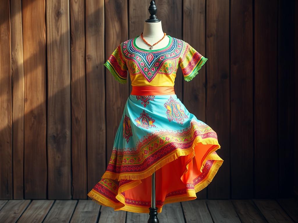 A vibrant Salsa Calena dance costume displayed on a mannequin. The costume features bright colors, intricate patterns, and flowing fabric that accentuates movement. It should be set against a rustic wooden backdrop to evoke a traditional dance atmosphere. Soft natural lighting enhances the colors and textures of the fabric, creating a warm and inviting scene.