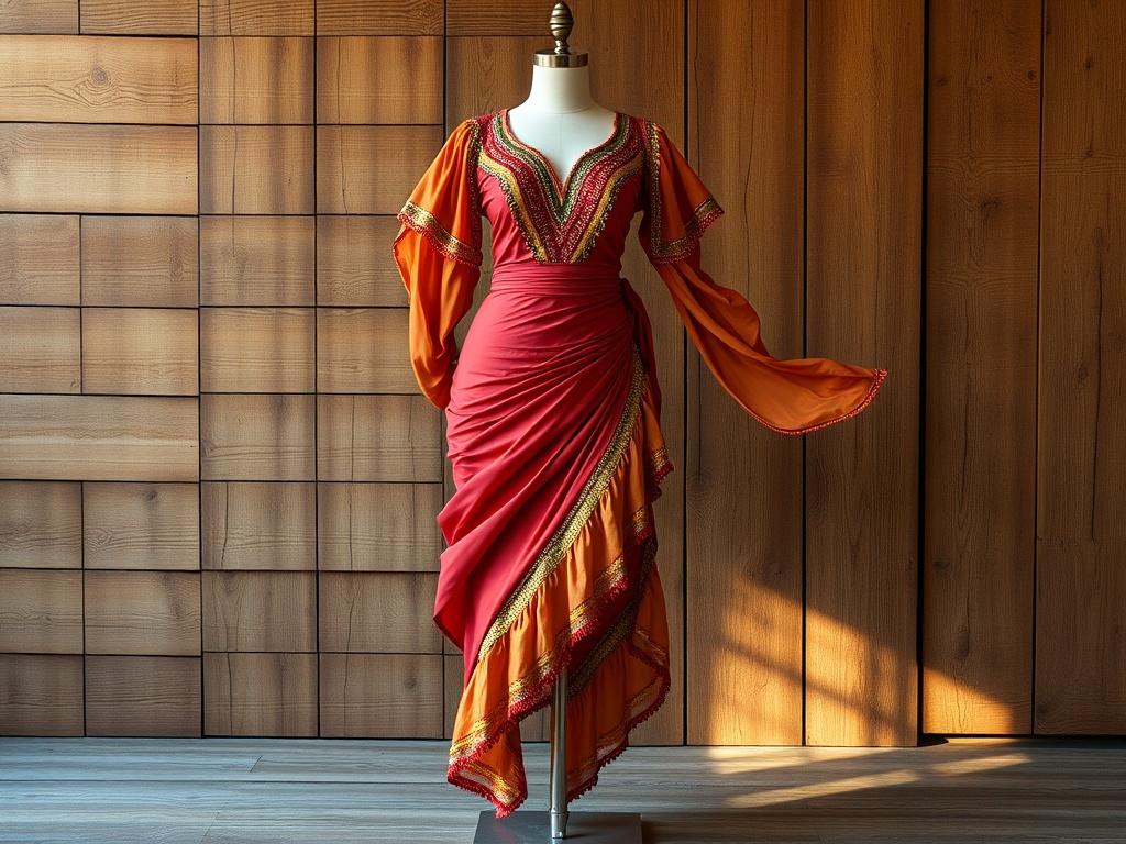 A realistic high-resolution photo of a Kizomba dance costume displayed elegantly against a rustic wooden backdrop. The costume should feature flowing fabrics in rich, warm colors, with intricate detailing that reflects the cultural heritage of Kizomba dancing. The focus should be on the costume, showcasing its graceful design and movement potential, with natural lighting highlighting the textures and colors.