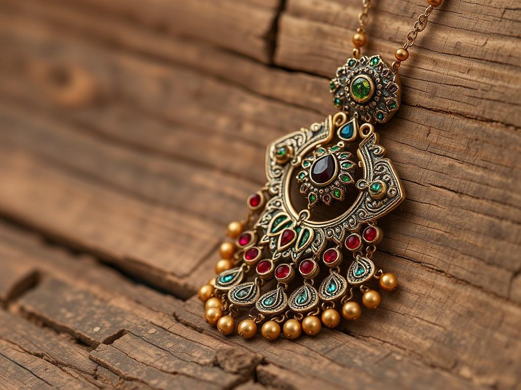 An exquisite piece of handcrafted Indian jewellery elegantly displayed against a rustic wooden background. The jewellery features a combination of traditional designs and modern aesthetics, showcasing intricate metalwork and colorful gemstones. The close-up shot captures the unique textures and details, emphasizing the craftsmanship involved. Soft, natural lighting enhances the richness of the materials, creating a warm and inviting feel. This image highlights the beauty and cultural significance of Indian 