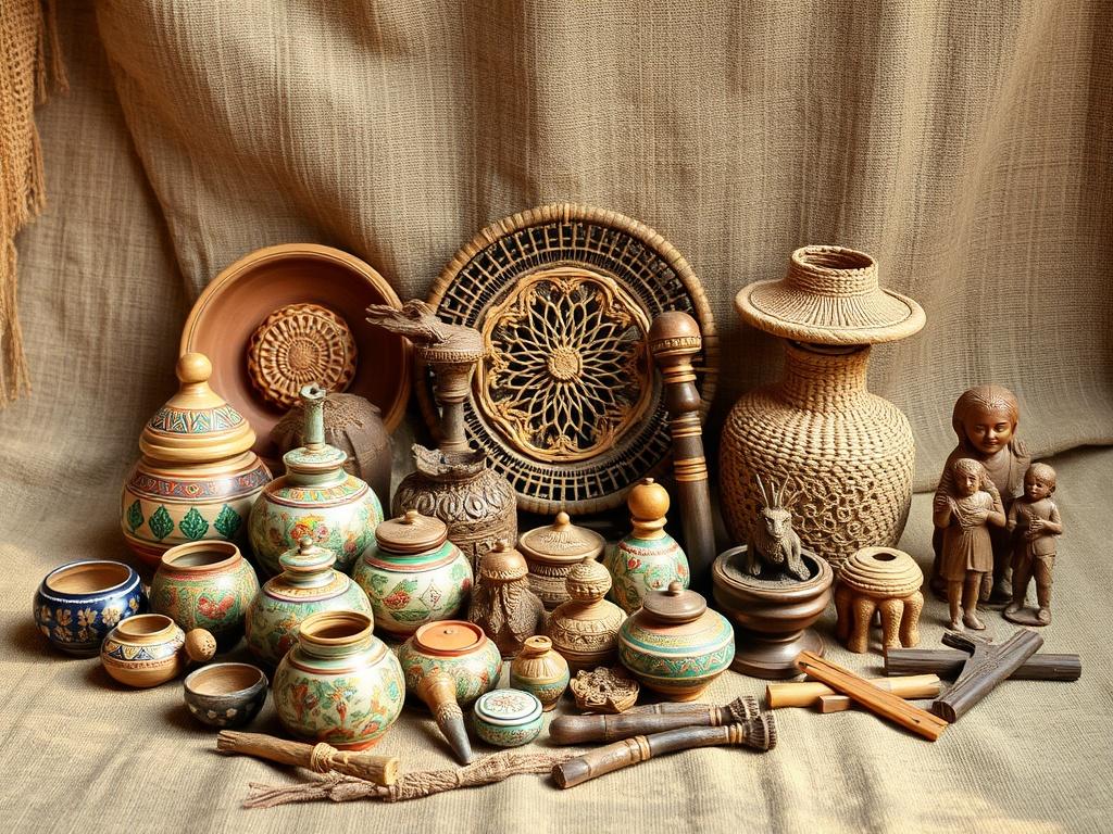 A collection of beautiful artisan handicrafts arranged on a textured fabric surface, showcasing various traditional Indian crafts. The display includes hand-painted ceramic items, woven baskets, and intricate wooden carvings. Each piece reflects the skill and dedication of Indian artisans. The background features a soft, earthy tone that complements the vibrant colors of the crafts. Subtle natural lighting accentuates the details, inviting viewers to appreciate the artistry and cultural heritage embedded in