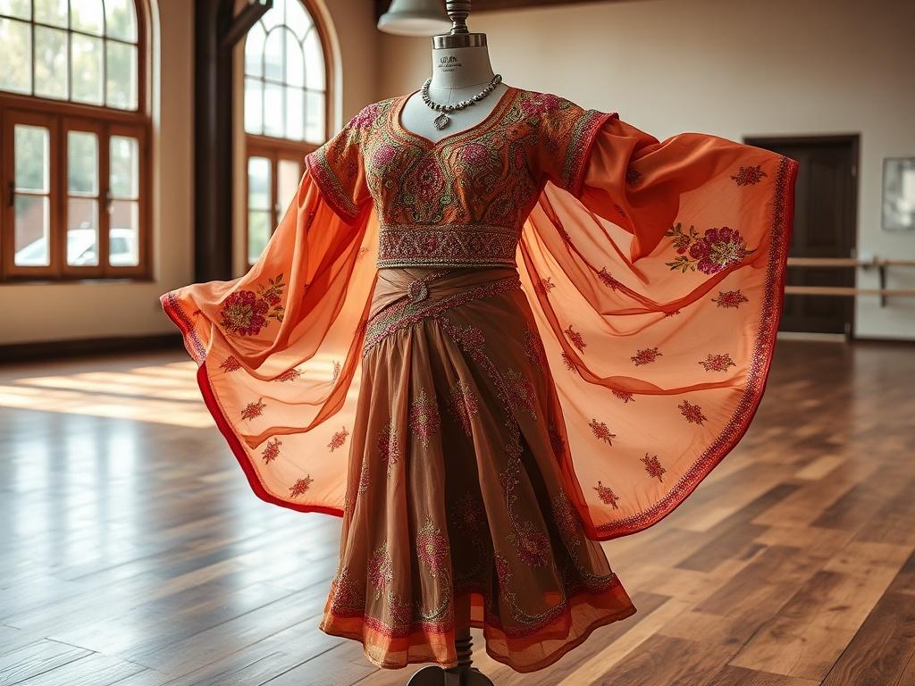 A stunning partner dance costume displayed on a mannequin, showcasing intricate embroidery and vibrant colors. The costume features flowing fabric that captures the essence of movement. The background is a softly lit dance studio with wooden floors, creating an inviting atmosphere. Natural light filters through large windows, highlighting the details of the costume, including sequins and beads that reflect elegance and craftsmanship. This image embodies the spirit of dance and the artistry of Indian textile