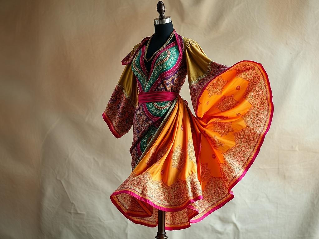 A beautifully detailed Zouk dance costume displayed elegantly on a mannequin. The costume features flowing fabrics in vibrant colors, showcasing intricate patterns and designs that reflect the cultural essence of Zouk dance. The background is softly blurred to emphasize the costume, with natural earthy tones and textures to create a grounded, rustic aesthetic.