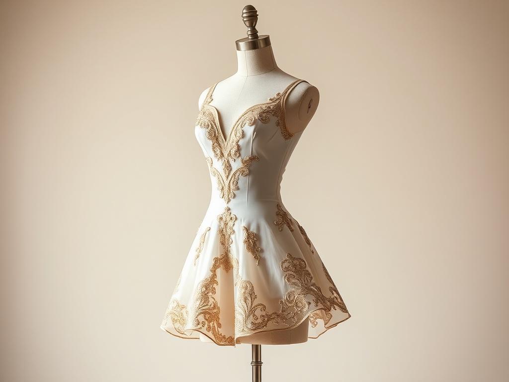 A high-resolution photo of an elegant dance costume named Belle. The costume should feature intricate embellishments and a flattering silhouette, displayed on a mannequin set against a neutral background. The fabric should have a soft sheen, reflecting natural light, and evoke a sense of grace and movement. The overall composition should focus solely on the costume, highlighting its details and craftsmanship.