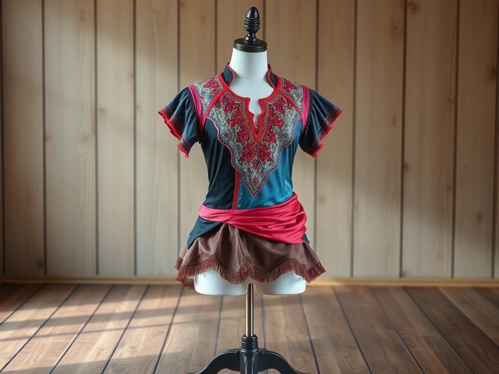 A high-resolution photo of a Tap Dance Costume displayed on a mannequin. The costume features a vibrant design with intricate detailing, showcasing a blend of modern and traditional styles. The background is a simple, rustic wooden floor, enhancing the costume's colors and textures. Soft natural lighting highlights the fabric's quality and adds a warm ambiance to the scene.