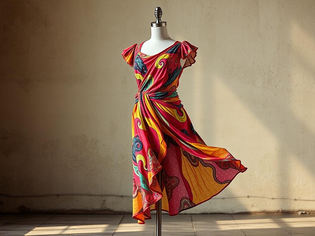 A vibrant jazz dance costume displayed on a mannequin. The costume features bright colors and dynamic patterns, with flowing fabric that suggests movement. The background is a simple, rustic studio setting with soft natural lighting, emphasizing the costume's colors and design without distraction.