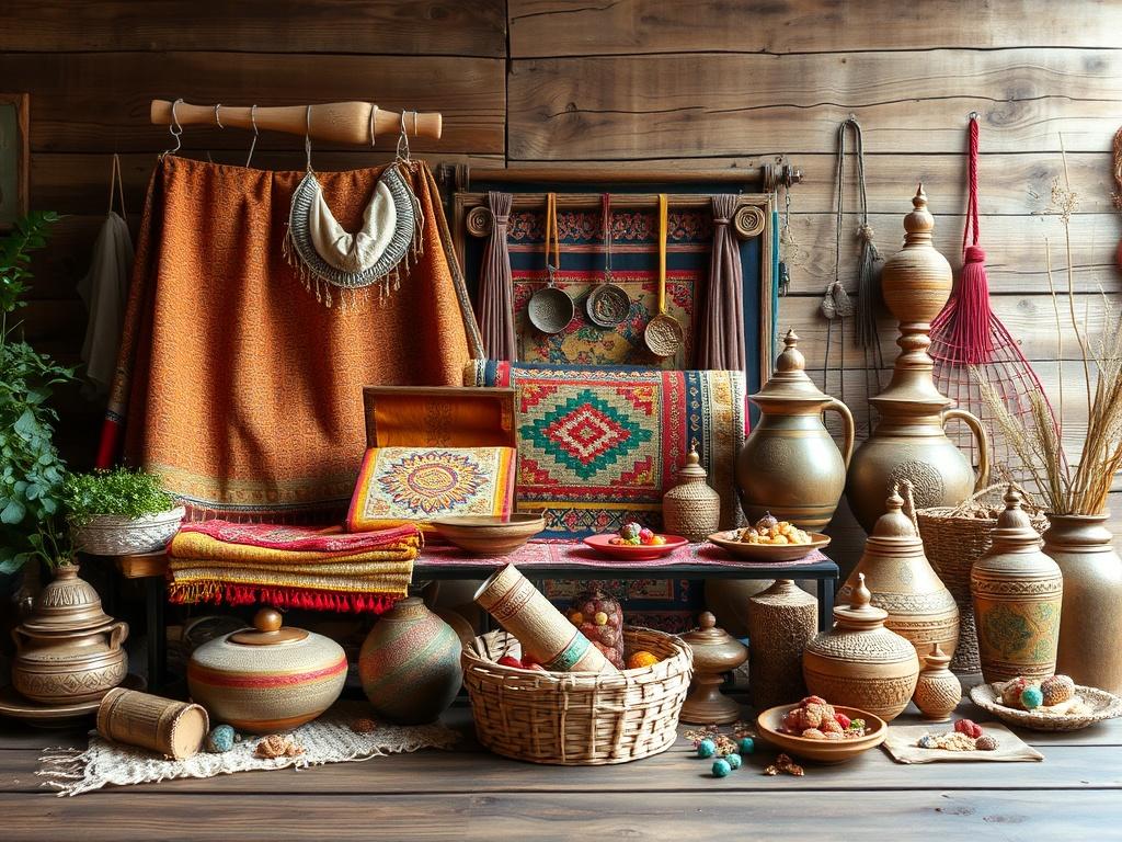 A beautifully arranged display of traditional Indian textiles and handicrafts,