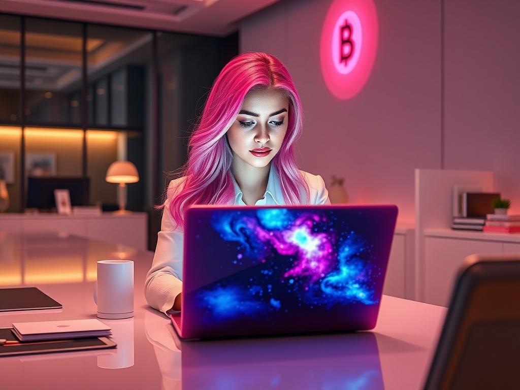 A high end office setting with a pink haired model