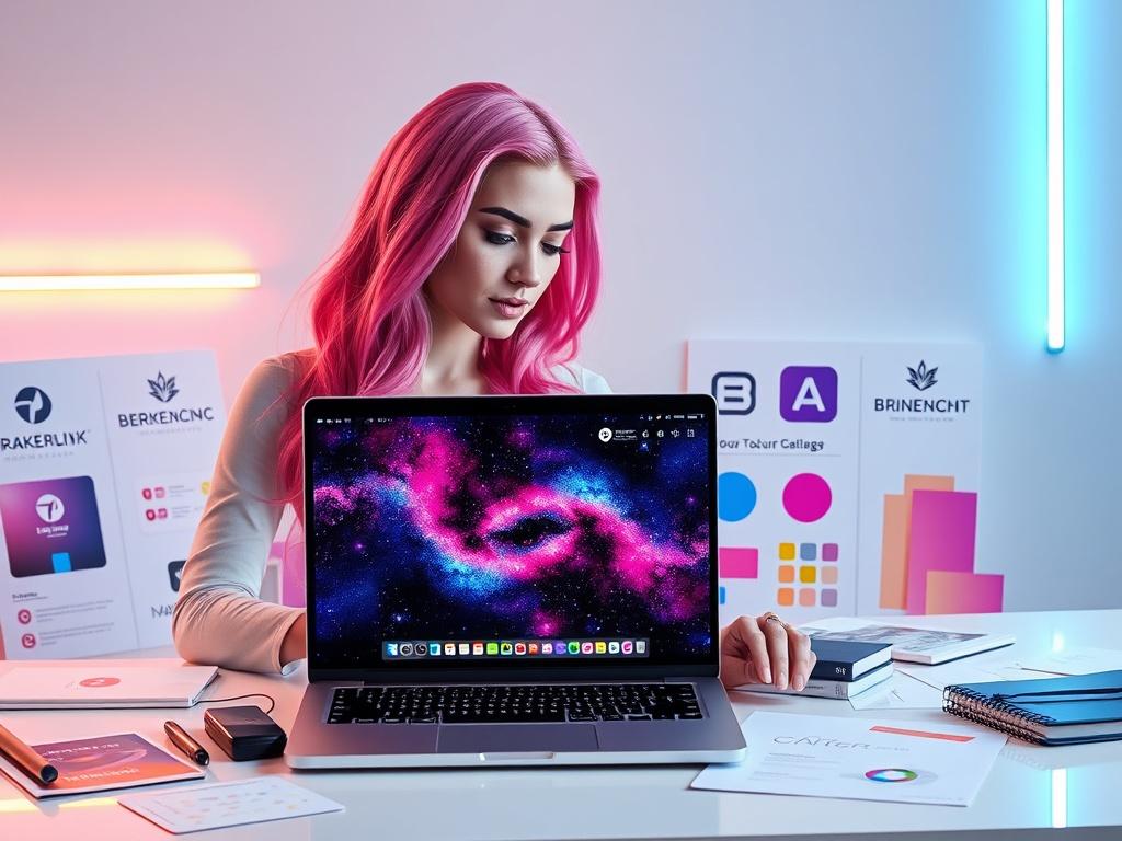 An elegant workspace featuring a laptop with a galaxy themed
