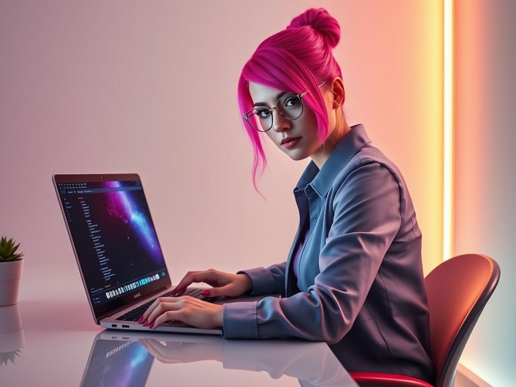 A confident pink haired model sitting at a modern desk,