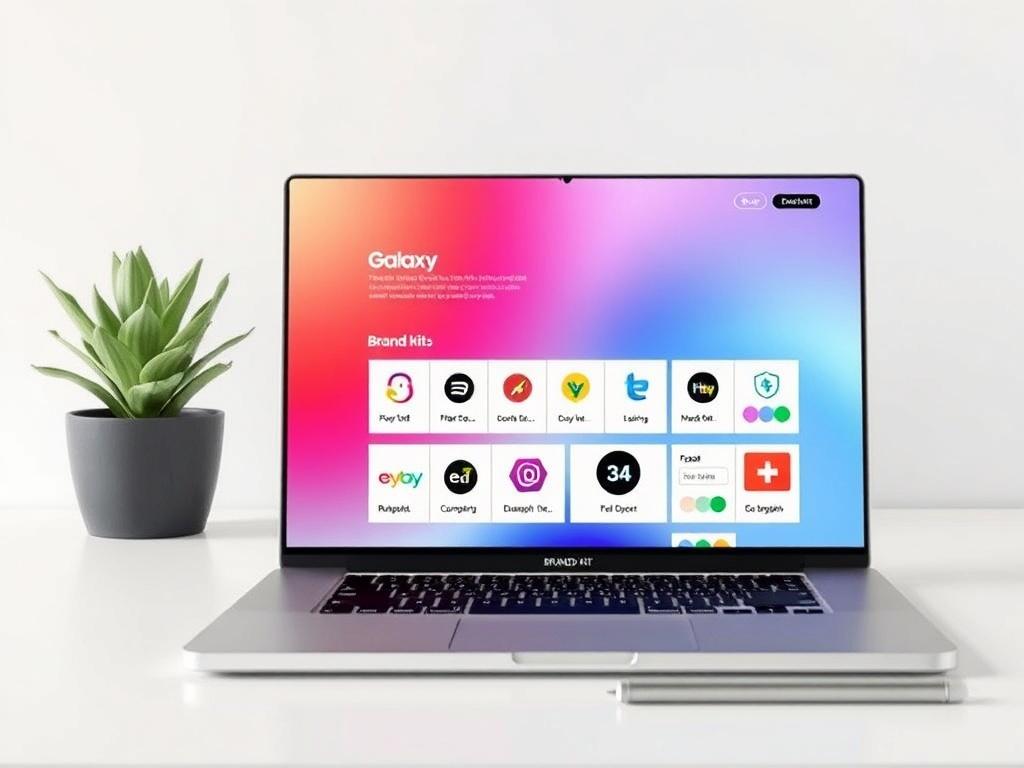 A sleek workspace featuring a modern laptop with a galaxy