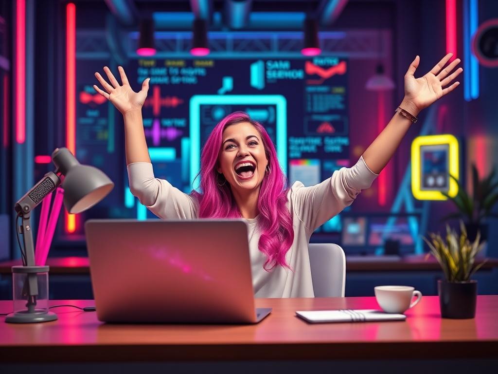 An excited pink haired model celebrating the launch of her