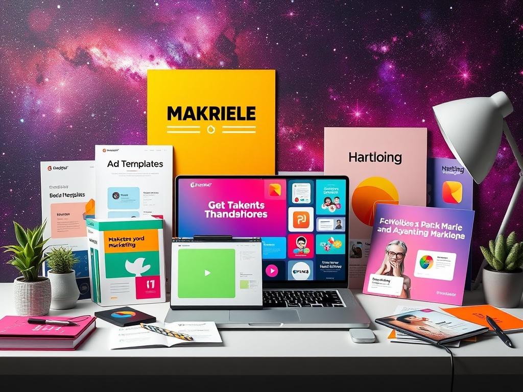 A vibrant display of various marketing tools, including ad templates