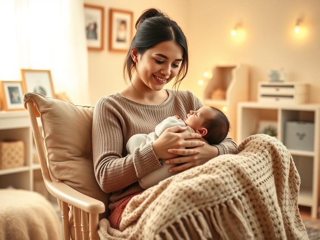 Create a realistic high-resolution photo featuring a new mom seated comfortably in a serene, softly lit nursery. The composition should focus solely on this one subject: a young woman with an affectionate expression, cradling a newborn baby in her arms. She should have gentle, warm features, portraying a sense of nurturing and love. Surround her with cozy elements that evoke a calming atmosphere, such as plush cushions and a beautifully knit blanket draped over a rocking chair. 

In the background, subtly incorporate soft pastel-colored walls adorned with simple decorative items like framed family photos and a small bookshelf with children's books. The lighting should have a warm, golden hue, illuminating the scene to enhance feelings of comfort and safety, emphasizing the intimate bond between mother and child. The overall image should clearly reflect the theme "Essential Parenting Tips for New Moms," inviting viewers to discover vital tips that every new mom should know.