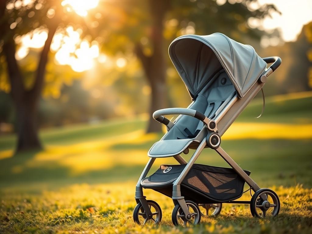 **Prompt for AI Image Generator:**

Create a realistic high-resolution photo that embodies the theme of "Top Baby Gear Every New Parent Needs." Focus on a single, essential baby gear item that represents this theme, such as a stylish, modern baby stroller. 

The composition should feature the stroller prominently in the foreground, positioned to the right side of the image to allow for a clean and appealing visual flow. The stroller should be sleek, with a neutral color palette that includes soft grays and 