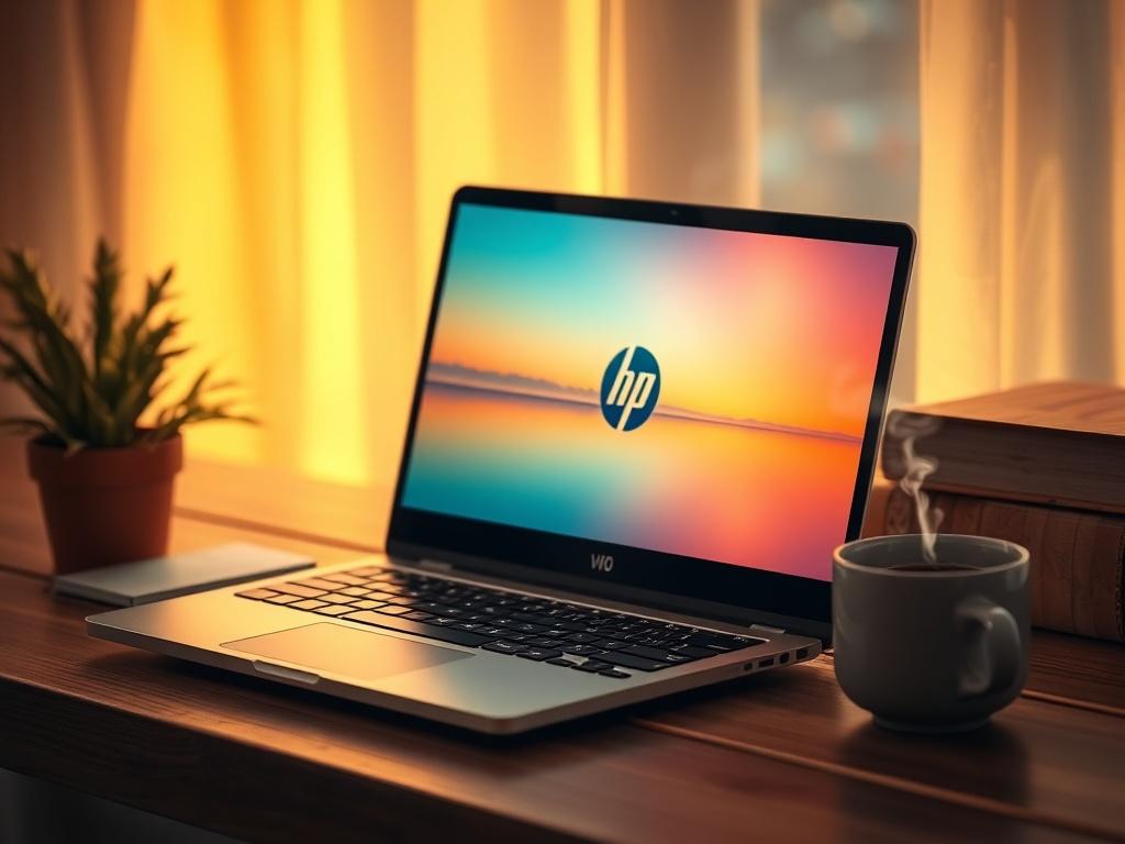 A realistic high-resolution photo of an HP laptop sitting on a cozy wooden desk. The laptop is open, displaying a vibrant screen with a serene background of soft lighting and golden hues. The setting includes a small potted plant and a steaming cup of coffee nearby, creating a warm and inviting atmosphere.