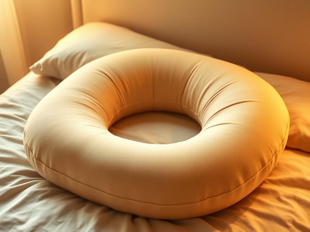A cozy, high-resolution image of a soft, U-shaped pregnancy pillow resting on a plush, inviting bed. The pillow should be in a serene, golden hue, surrounded by soft, ambient lighting that creates a calm atmosphere. The background should be simple and uncluttered, emphasizing the pillow as the main subject, conveying a sense of comfort and tranquility.