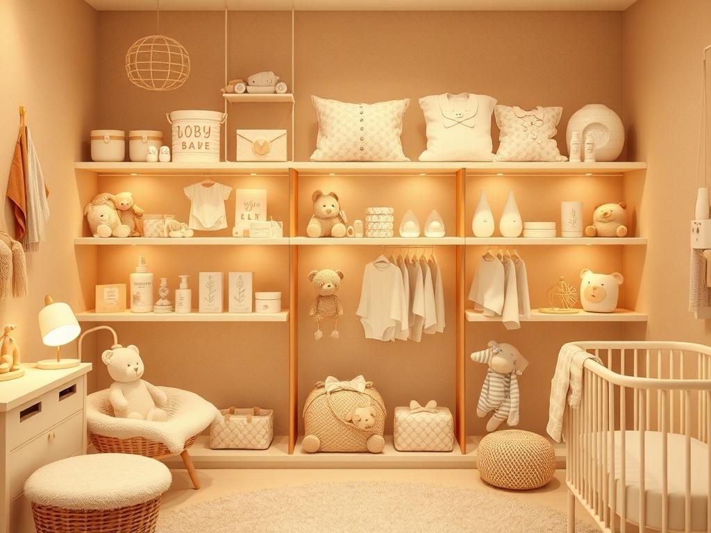 A cozy nursery with neatly arranged product categories displayed on shelves. Soft lighting enhances the serene atmosphere, with a focus on baby products like toys, clothes, and nursery essentials. The background is a warm, inviting space with soft textures and a calming color palette.