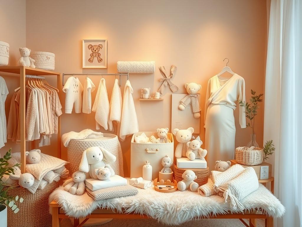 A serene atmosphere showcasing a selection of featured baby products on display. The setting includes soft lighting, a comfortable space with plush items like baby blankets, toys, and maternity wear, all presented in an inviting and appealing arrangement.