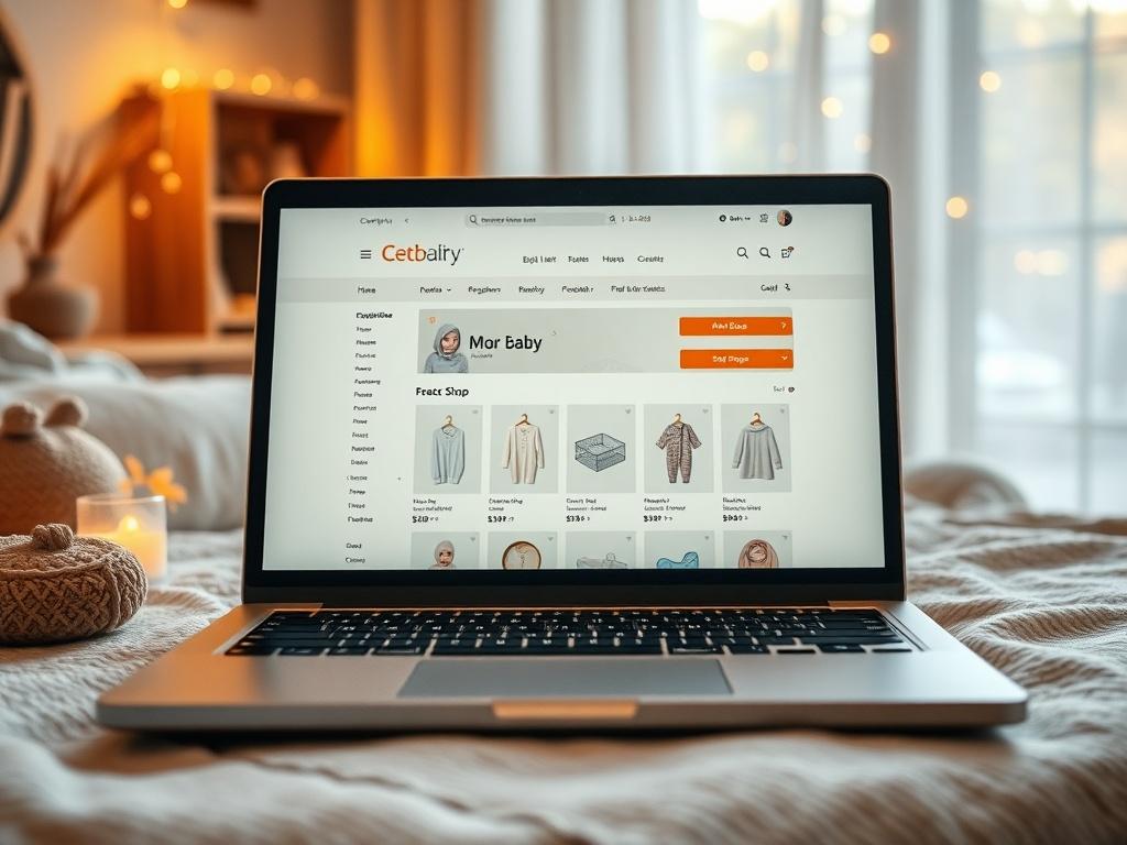 A minimalist shopping interface displayed on a laptop, showcasing organized product categories on the screen. The background features a cozy home environment with soft lighting, highlighting the ease of online shopping for baby and maternity products.