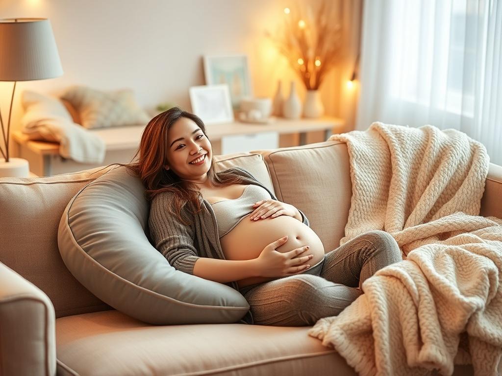 A serene setting featuring a pregnant woman relaxing on a plush sofa, surrounded by maternity comfort essentials like a supportive pregnancy pillow, cozy blankets, and soft lighting. The background showcases a peaceful atmosphere filled with pastel colors and calming decorations, emphasizing the importance of comfort during pregnancy. The woman's expression reflects contentment and peace, illustrating the joy of preparing for motherhood.