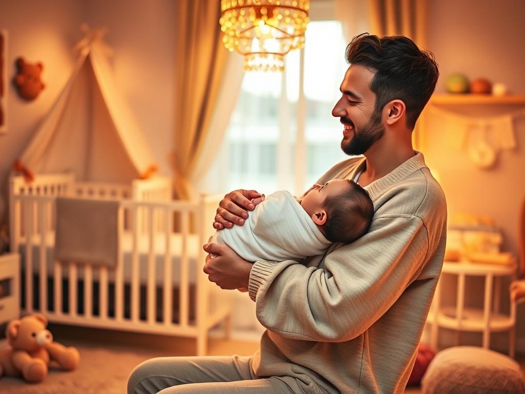 A warm and cozy scene depicting a joyful new parent holding their baby in a softly lit nursery. The background features a beautifully arranged crib and plush toys, creating a serene atmosphere. The parent, wearing comfortable loungewear, looks lovingly at the baby, showcasing the bond and happiness that comes with welcoming a new life. Soft golden hues fill the room, enhancing the emotional warmth of the moment.