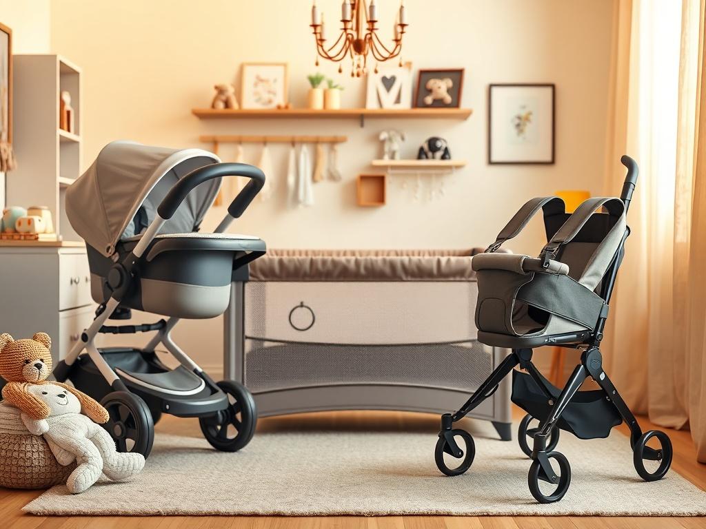 A detailed image of various baby gear items displayed in a well-organized nursery. The focus is on a high-quality baby stroller, a safe playpen, and an ergonomic baby carrier. The background is softly lit with gentle golden tones, highlighting the functionality and safety features of each product. The scene conveys a sense of trust and comfort, assuring parents that they are making the right choices for their baby's well-being.