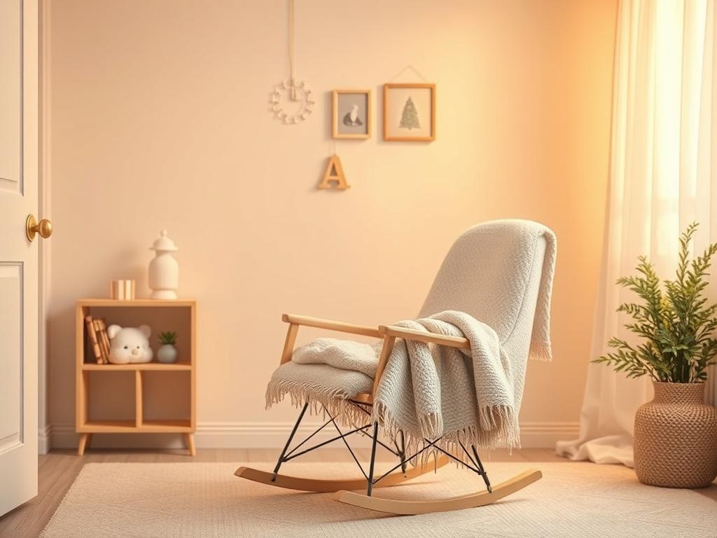 A cozy nursery scene featuring a single, soft lit rocking