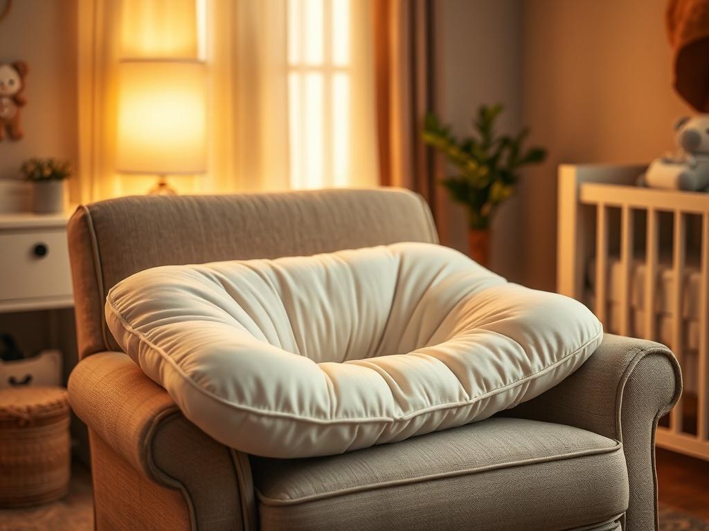 An adjustable nursing pillow resting on a cozy armchair, with