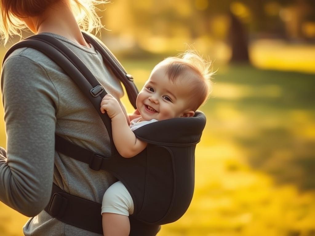 A parent wearing an ergonomic baby carrier with a happy