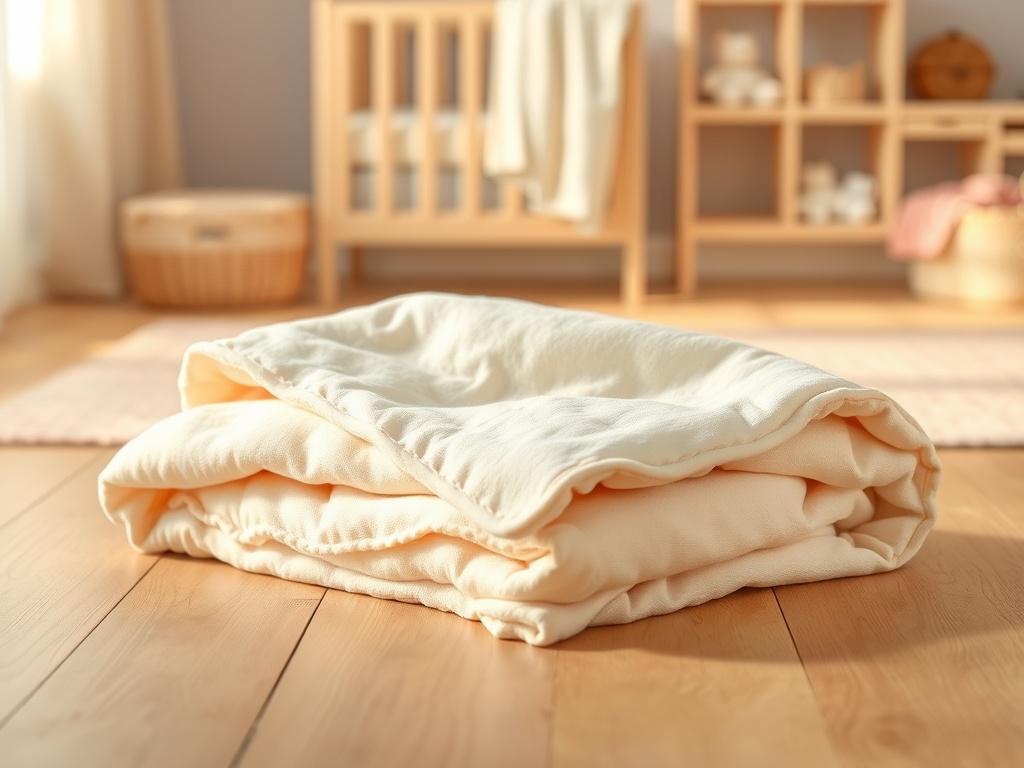 A beautifully folded organic cotton baby blanket in soft pastel