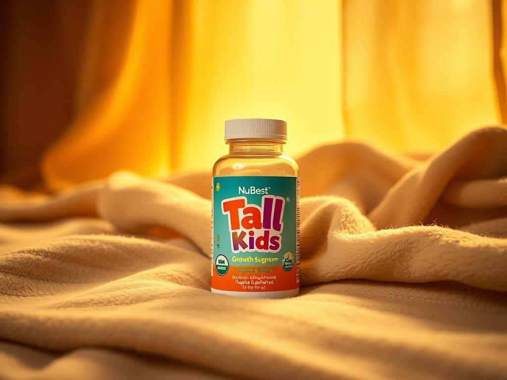 A high-resolution image of a bottle of NuBest Tall Kids growth supplement placed on a soft, cozy background. The bottle should be the focus, showcasing its vibrant label. The setting is warm with golden hues, featuring soft lighting to create a serene and inviting atmosphere. The background includes subtle elements like a gentle fabric draping or a soft rug to enhance the comforting feel.