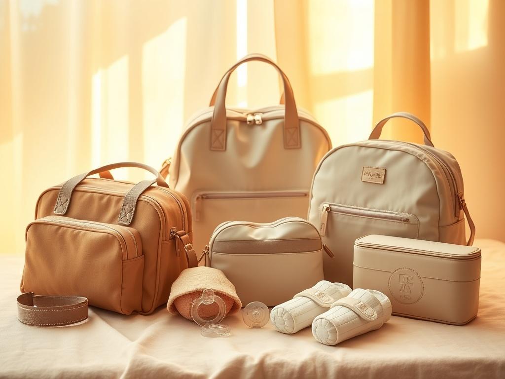 A high-resolution image featuring an array of stylish baby accessories, such as diaper bags and pacifiers, artfully arranged on a soft-colored surface, illuminated by warm, golden lighting.