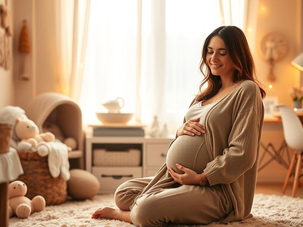 A soft, inviting high-resolution image of a pregnant woman wearing stylish maternity clothing, seated in a serene, softly lit room decorated with baby items, evoking a sense of comfort and joy.