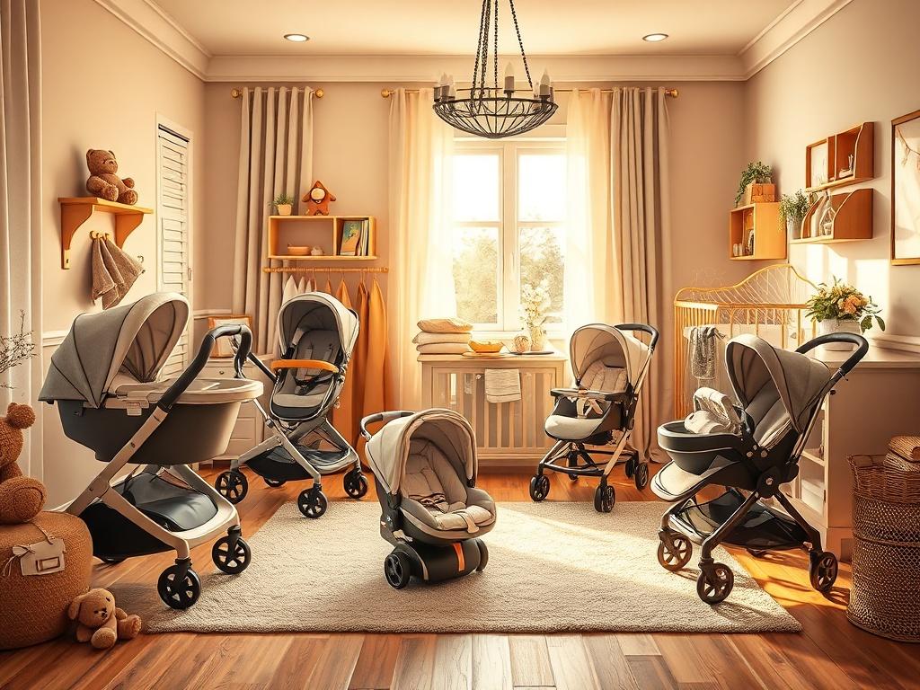 A cozy, high-resolution image showcasing a beautifully arranged display of high-quality baby gear, including strollers and car seats, set in a serene nursery environment with soft lighting and golden hues.