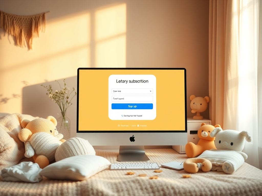 A comforting image of a desktop with a user-friendly subscription sign-up page, surrounded by baby essentials in a warm, inviting setting.