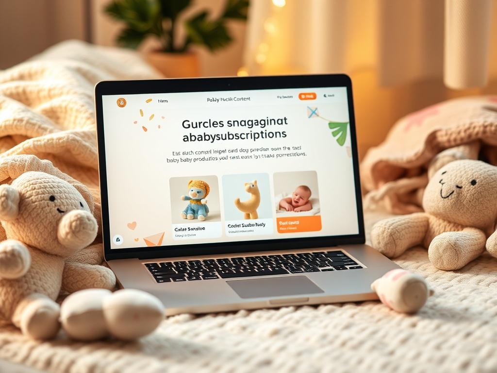 A serene image of a laptop displaying engaging content about baby product subscriptions, surrounded by soft baby toys and a cozy atmosphere.