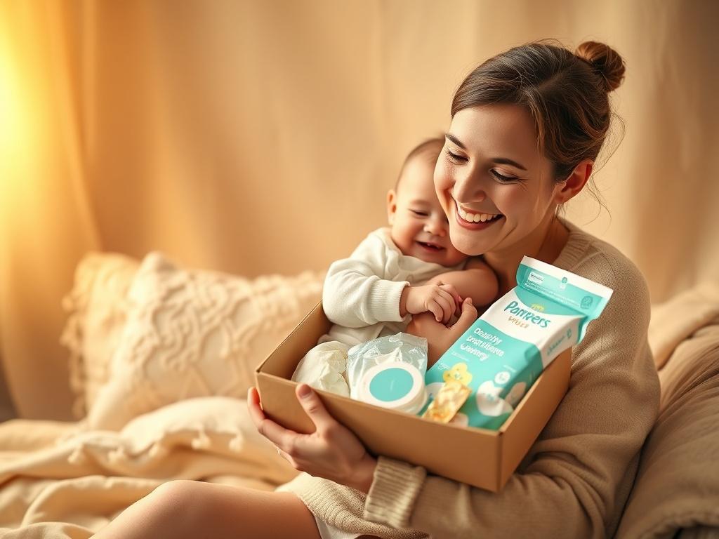 A cozy scene of a happy parent holding a baby with a subscription package on a soft, golden-hued background, showcasing baby essentials like diapers and wipes.
