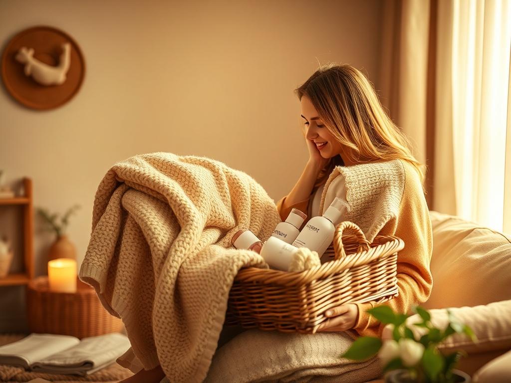 A serene scene showcasing a new mom being gifted a cozy blanket and a pampering gift basket, surrounded by soft lighting and baby essentials, evoking warmth and love.
