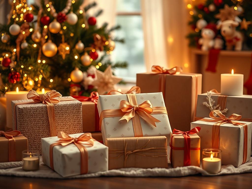 A festive display featuring beautifully wrapped holiday gifts for babies and new parents, surrounded by holiday decorations and soft lighting, creating a cheerful and inviting scene.