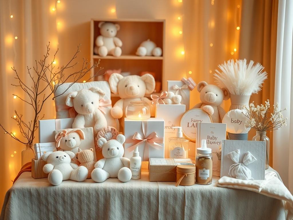 A beautifully arranged display of various baby shower gifts, including soft toys, books, and baby care products, all set on a cozy table with soft golden lighting, creating a warm and inviting atmosphere.