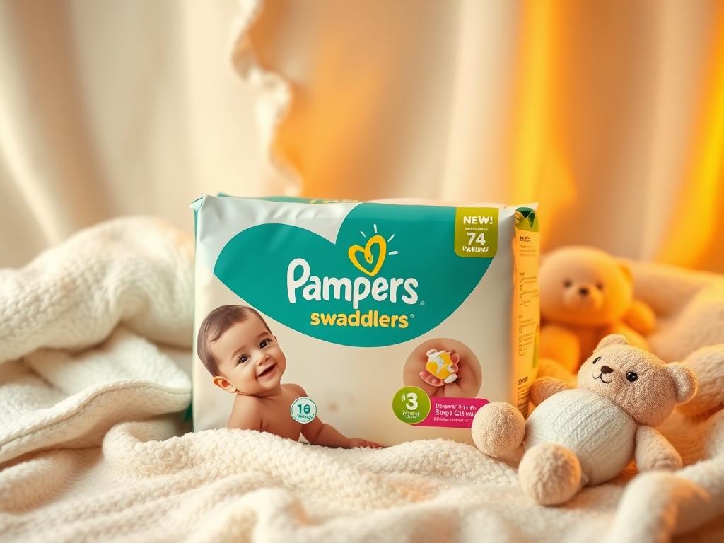 A realistic high-resolution photo of a Pampers Swaddlers pack, displayed on a soft, cozy background. The pack should be the central focus, showcasing its design and colors. Surround the pack with soothing elements like soft baby blankets and plush toys to create a serene atmosphere, with warm golden hues and soft lighting enhancing the cozy feel.
